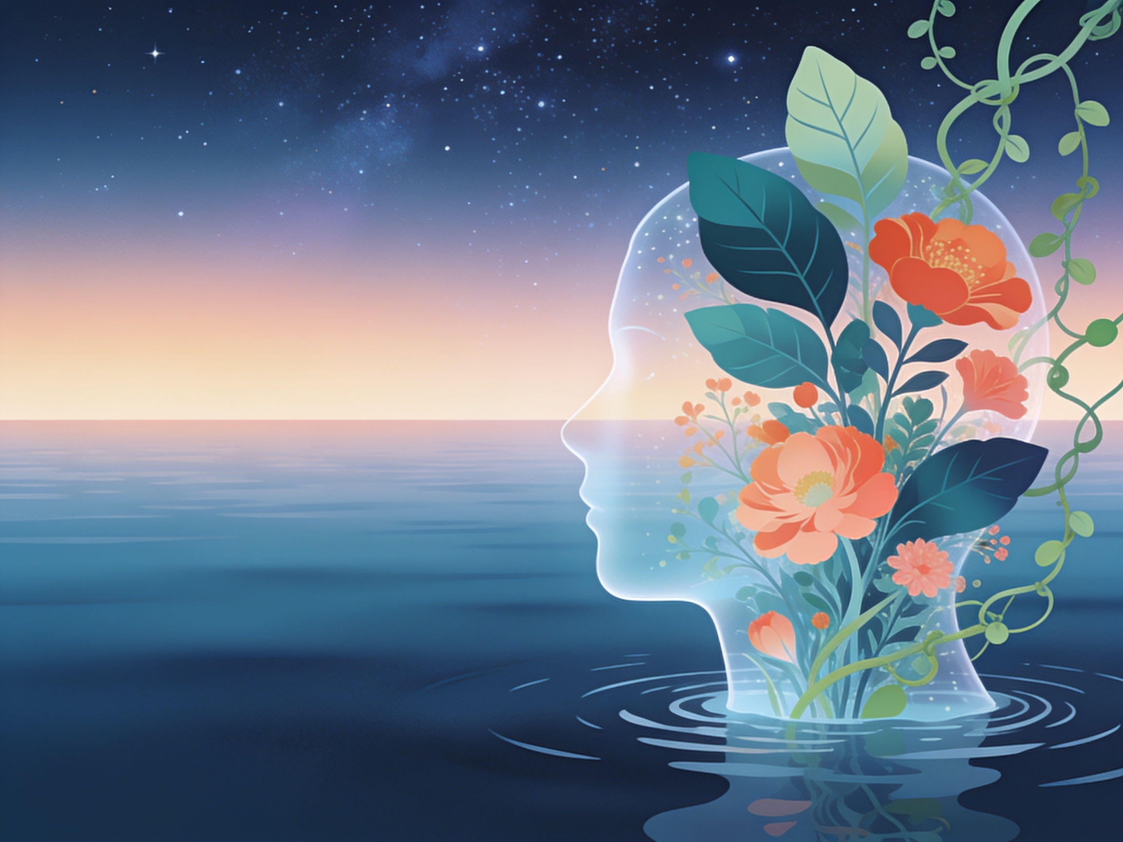 Autoconocimiento y terapia Gestalt — silueta humana con flores emergiendo del agua